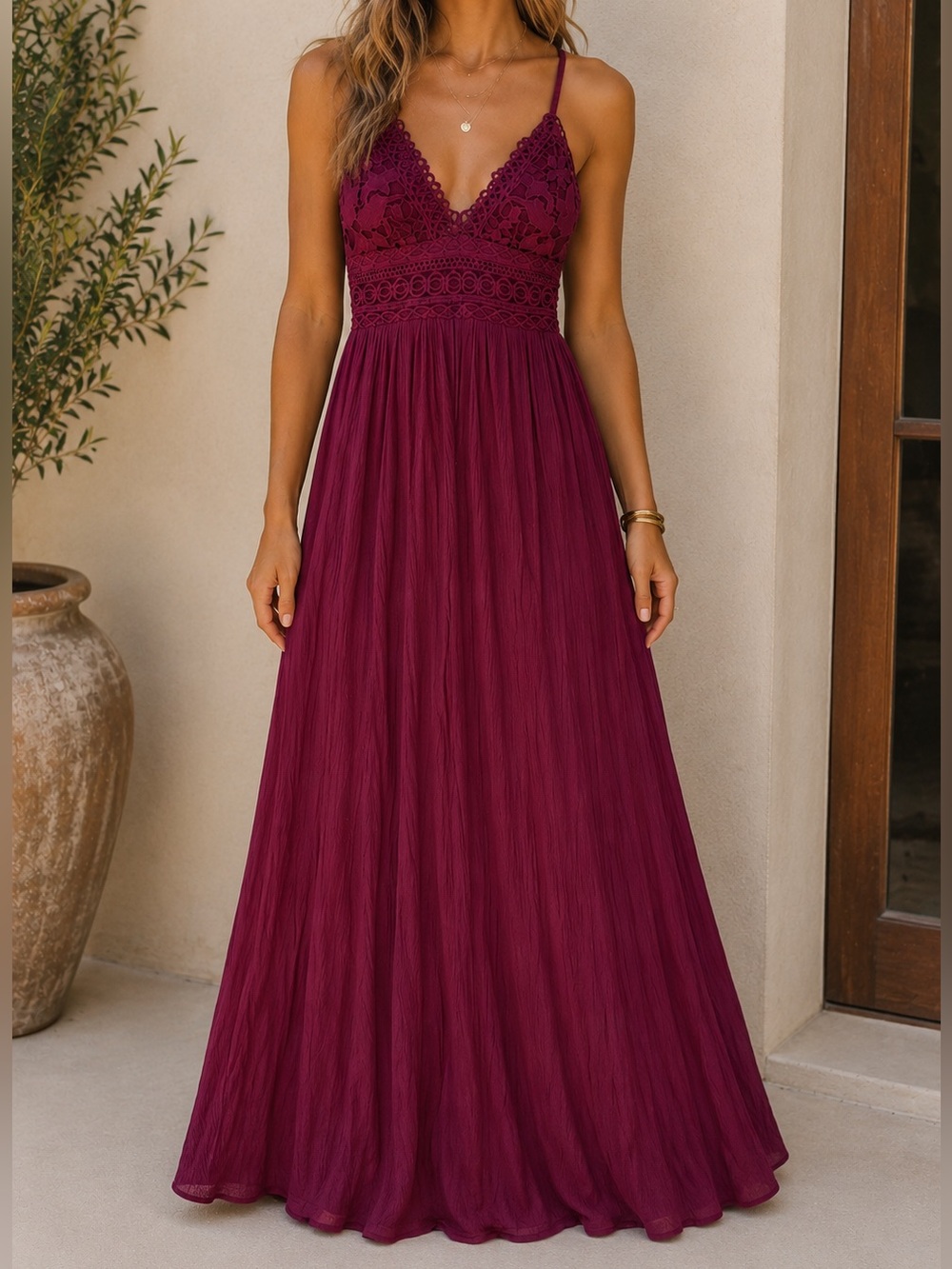 Lovely Day Burgundy Crochet Bodice Maxi Dress Size Small